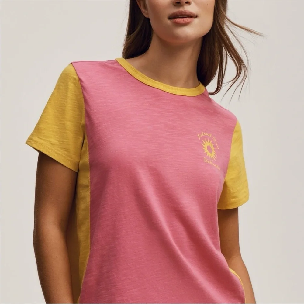 Anthropologie Pilcro The Bennie Cotton Slub Crewneck Tee Pink Yellow 3X - Picture 1 of 8